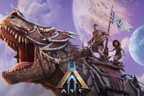 Wielki dinozaur z ludźmi na grzbiecie, gotowy na premierę ark 2. W tle planety i chmury.