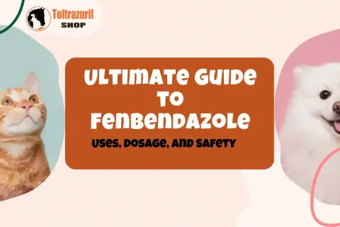 Pomarańczowy kot i biały pies obok napisu "ULTIMATE GUIDE TO FENBENDAZOLE".