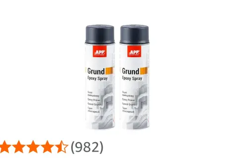 Due lattine di spray "Grund Epoxy Spray" con un design a strisce grigie e bianche. Un ottimo fondo bagnato su bagnato per preparare le superfici.