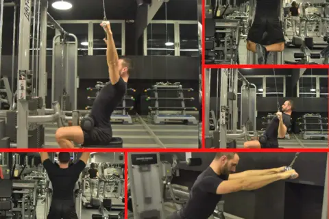 Uomo in palestra esegue esercizi per la schiena, concentrandosi sull'allenamento dell'upper back con macchine e cavi.