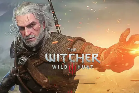 Geralt z Rivii w zbroi, gotowy do walki. W tle płomienie i logo gry Wiedźmin 3 Next Gen.
