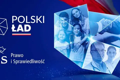 Polski Ład: uśmiechnięta rodzina, lekarze i uścisk dłoni symbolizują nadzieję i rozwój.