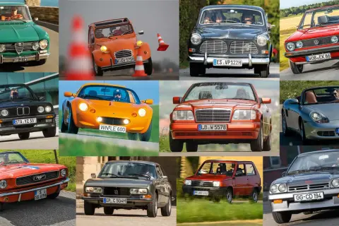 Eine Collage mit vielen bekannten oldtimer marken: Alfa Romeo, Citroën, Volvo, VW, BMW, Lotus, Mercedes, Porsche, Ford Mustang, Peugeot, Fiat, Opel.