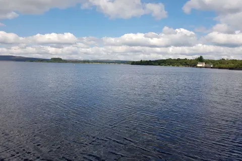 Vaste étendue d'eau calme sous un ciel bleu parsemé de nuages blancs. Le lac de Brennilis s'étend à perte de vue, bordé par une ligne d'arbres verdoyants et quelques constructions.