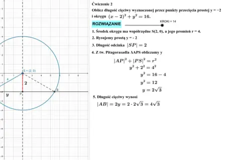 Okrąg z zaznaczonym środkiem S(2,0), promieniem r=4, cięciwą AB i prostą y=-2.