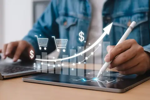 Gráfico de crecimiento en el sector retail, con carritos de compra y símbolo de dólar, indicando éxito y aumento de ventas.