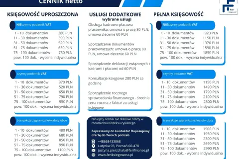 Cennik usług księgowych: uproszczona, pełna, dodatkowe usługi, transakcje zagraniczne.