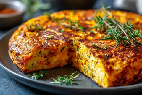 Tortilla de calabaza dorada y esponjosa, decorada con romero fresco, servida en un plato oscuro.