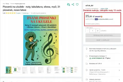Okładka książki "Znane piosenki na ukulele" z nutami, tabulaturą i słowami. Ilustracja muzyka grającego na ukulele.