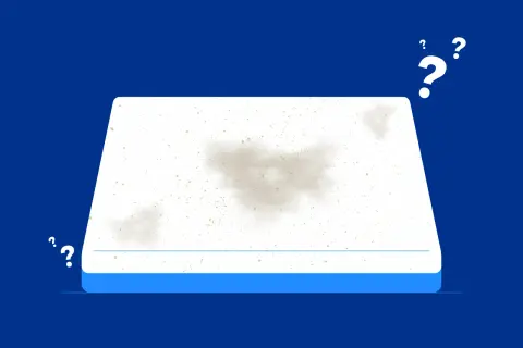 A dirty mattress with stains, possibly from bed mites, surrounded by question marks.