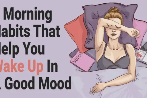 Learn how to wake up happy with 5 morning habits. A woman in bed covers her eyes, suggesting a need for a better start to the day.