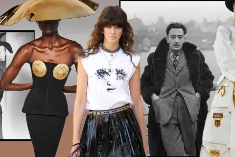 A collage of fashion and art, featuring a model in a golden hat, a woman with a graphic tee, and Salvador Dalí, embodying modern surrealism.
