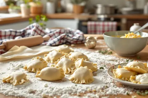 Gotowe do gotowania pierogi ruskie, świeżo lepiońce na blacie kuchennym. Obok wałek, ciasto i miska z farszem.
