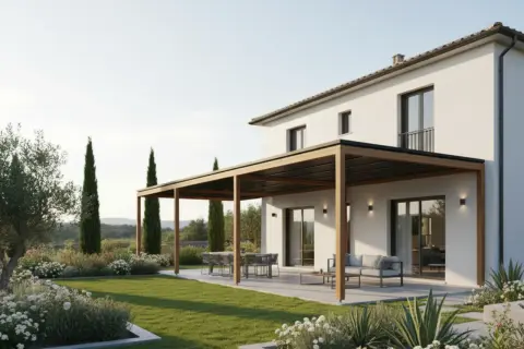 Una casa moderna con un giardino curato e una pergola in legno, ideale per costruire uno spazio esterno accogliente.
