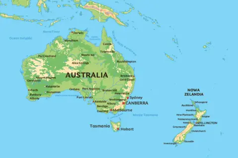 Mapa Australii i Nowej Zelandii. Gdzie jest Sydney? Znajduje się na wschodnim wybrzeżu Australii, niedaleko Canberry.