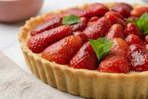 Une tarte aux fraises généreuse, garnie de fruits rouges brillants et de feuilles de menthe. Un délice qui promet la meilleure tarte aux fraises du monde.