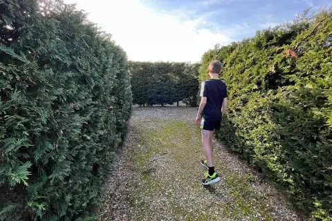 Un niño se adentra en un laberinto de setos verdes, buscando el camino en este laberinto costa mariña.