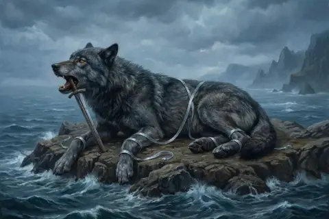 A large wolf is bound by silver ribbons on a rocky island, biting a sword.