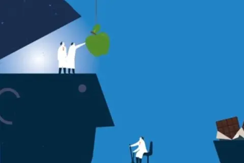 Ärzte "nudgen" einen Apfel in einen geöffneten Kopf, während Schokolade lockt. Illustration zur Nudge-Theorie.