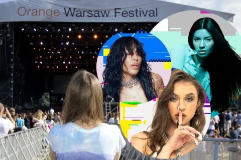 Plakat z Orange Warsaw Festival zapowiada gwiazdy. Widok na scenę i tłum.