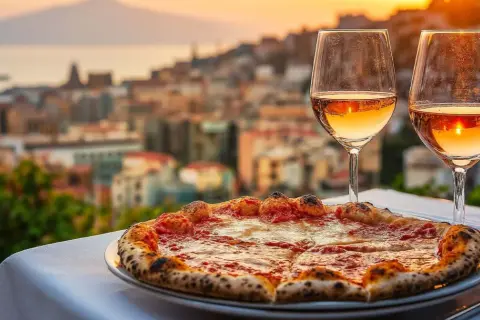 Idealne jakie wino do pizzy? Na tle zachodzącego słońca nad Neapolem, Margherita i dwa kieliszki różowego wina.