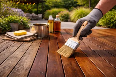 Mano enguantada aplica aceite a una terraza de madera, mejorando su **tratamiento madera exterior**. Se ven latas y botellas de producto.