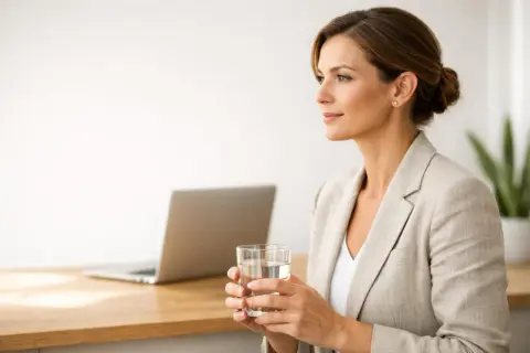 Donna con bicchiere d'acqua, laptop sullo sfondo. Nonostante l'apparente calma, potrebbe nascondere un'ansia ad alto funzionamento.