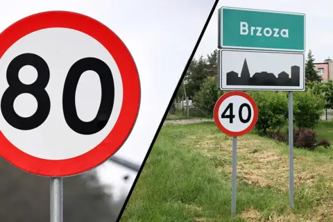 Znak b33 z ograniczeniem do 80 km/h i znak informujący o wjeździe do Brzozy z ograniczeniem do 40 km/h.