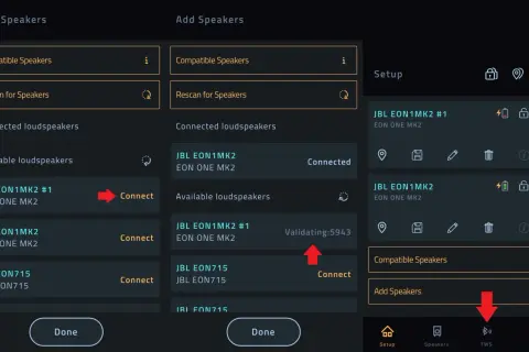 Interface pour connecter JBL ensemble. L'écran montre la recherche et la connexion d'enceintes JBL EON1MK2.