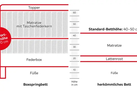 Vergleich von Boxspring- und herkömmlichen Betten. Ein Boxspringbett mit Komfortliegehöhe von 60-70 cm ist deutlich höher als ein Standard-Bett.