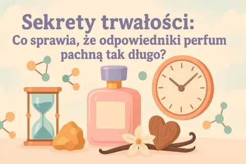 Sekrety trwałości perfum: klepsydra, zegar i flakonik sugerują, jak długo zapach utrzymuje się na skórze.