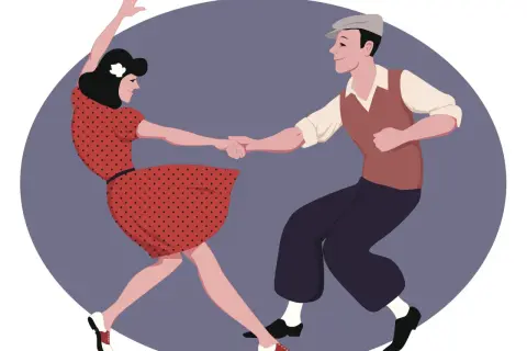 Para tańczy swinga w rytm muzyki. Ona w czerwonej sukience w kropki, on w kamizelce i czapce.