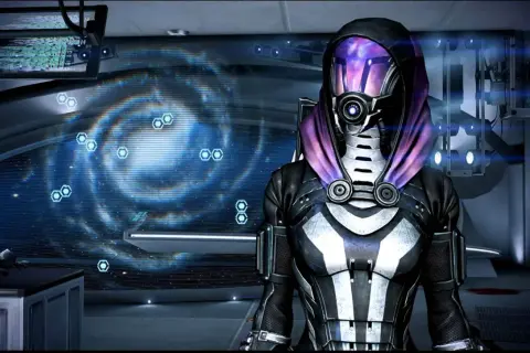 Tali'Zorah z Mass Effect 3, w tle galaktyka. Czy jej romans z Shepardem będzie miał szczęśliwe zakończenie?