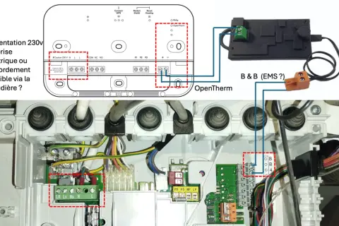 Schéma de raccordement OpenTherm pour chaudière Elm Leblanc Megalis Condens GVA C 21-5M. Alimentation 230V et connexion B&B.