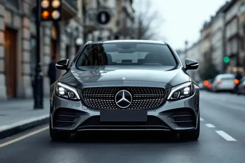 Elegancki, szary Mercedes C180 na ulicy miasta.