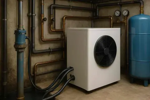 Système de chauffage moderne avec unité extérieure blanche, réservoir bleu et tuyauterie complexe pour un raccordement chaudière gaz efficace.