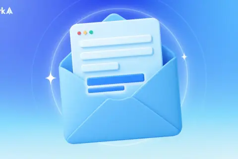 Un sobre azul abierto con un documento digital dentro. Un mensaje de despedida en inglés, listo para enviar.