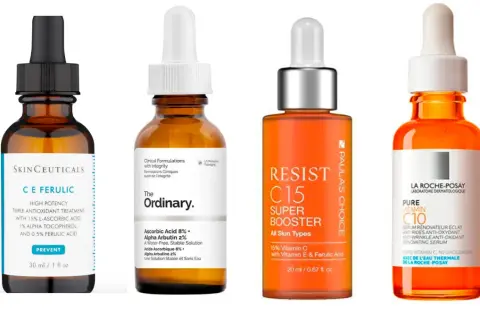 Cuatro sueros con vitamina C para la cara: Skinceuticals C E Ferulic, The Ordinary, Paula's Choice Resist C15 y La Roche-Posay Pure Vitamin C10.