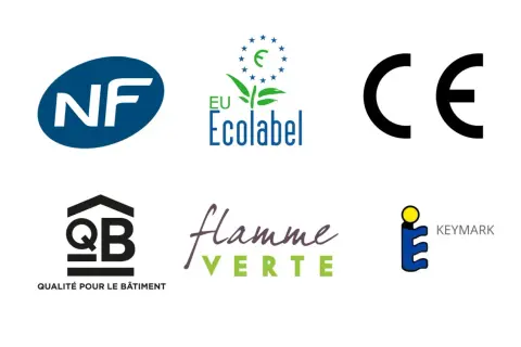Six logos : NF, EU Ecolabel, CE, QB, Flamme Verte, et KEYMARK. Le logo CE indique la conformité européenne.