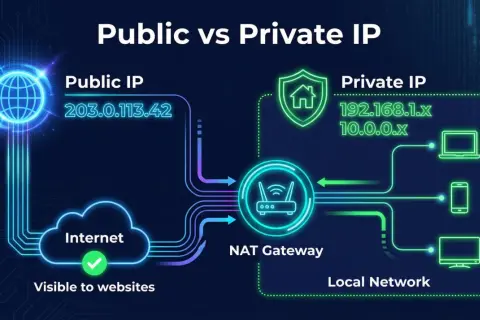 Publiczny IP 203.0.113.42 łączy się z Internetem. Prywatny IP 192.168.1.x i 10.0.0.x są w sieci lokalnej, za bramą NAT. Chcesz znaleźć IP?