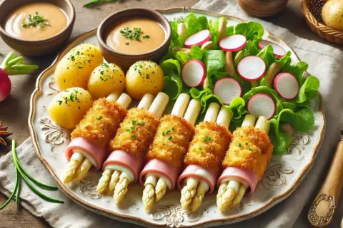 Knuspriges Spargel Cordon Bleu mit Schinken, dazu Salzkartoffeln, Salat und Sauce.