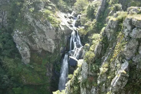 La impresionante fervenza do Toxa cae en cascada por un barranco rocoso, rodeada de exuberante vegetación verde y rocas cubiertas de musgo.