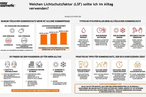 Sonnenschutz: LSF 30 oder 50 für Gesicht, Hals & Hände ganzjährig empfohlen. Bei hellem Hauttyp oder Anti-Aging LSF 50.