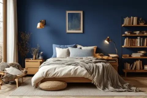 Chambre paisible aux murs bleu profond, un nuancier de bleu qui invite à la détente. Lit douillet, fauteuil confortable et étagères remplies de livres.