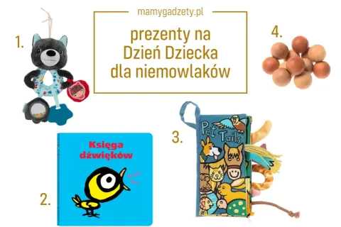 Idealny pomysł na prezent na Dzień Dziecka dla niemowlaka: pluszowy miś, książeczka dźwiękowa, miękka książeczka z ogonkami zwierząt i drewniane koraliki.