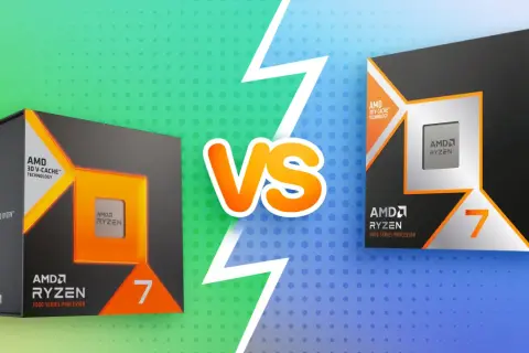 Zwei AMD Ryzen 7 Prozessoren, einer mit 7000er Serie und der andere mit 9000er Serie, stehen sich gegenüber.