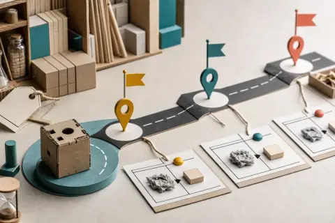 Un mapa de ruta visual que representa el **método lean startup**, con marcadores de ubicación, cajas de cartón y elementos que sugieren experimentación y desarrollo.