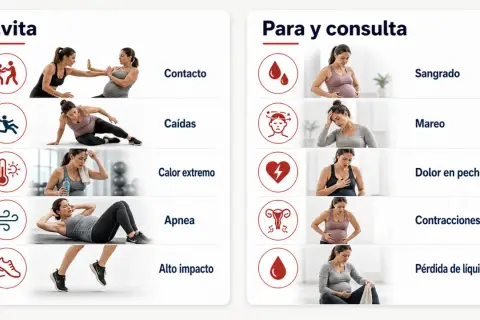 Guía de deporte para embarazadas: evita contacto, caídas, calor, apnea y alto impacto. Consulta por sangrado, mareo, dolor, contracciones o pérdida de líquido.