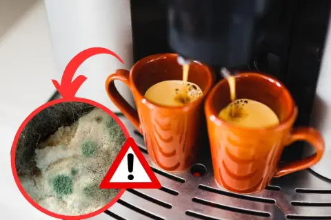 Attenzione alla muffa nella moka! Un'immagine mostra caffè che cola in tazze arancioni, con un ingrandimento di muffa verde e bianca.