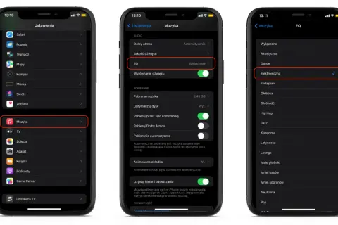 Na ekranie iPhone'a widać ustawienia muzyki, gdzie wybrano gotowe ustawienia equalizera: "Elektroniczna".